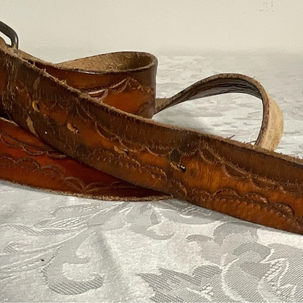 Vintage Genuine Leather Men's Belt Light Brown  Embossed Pattern  51” Long